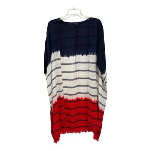 New Directions Kimono Wrap Womens 0X/1X Red White Blue Tie Die Fringed‎ Slits